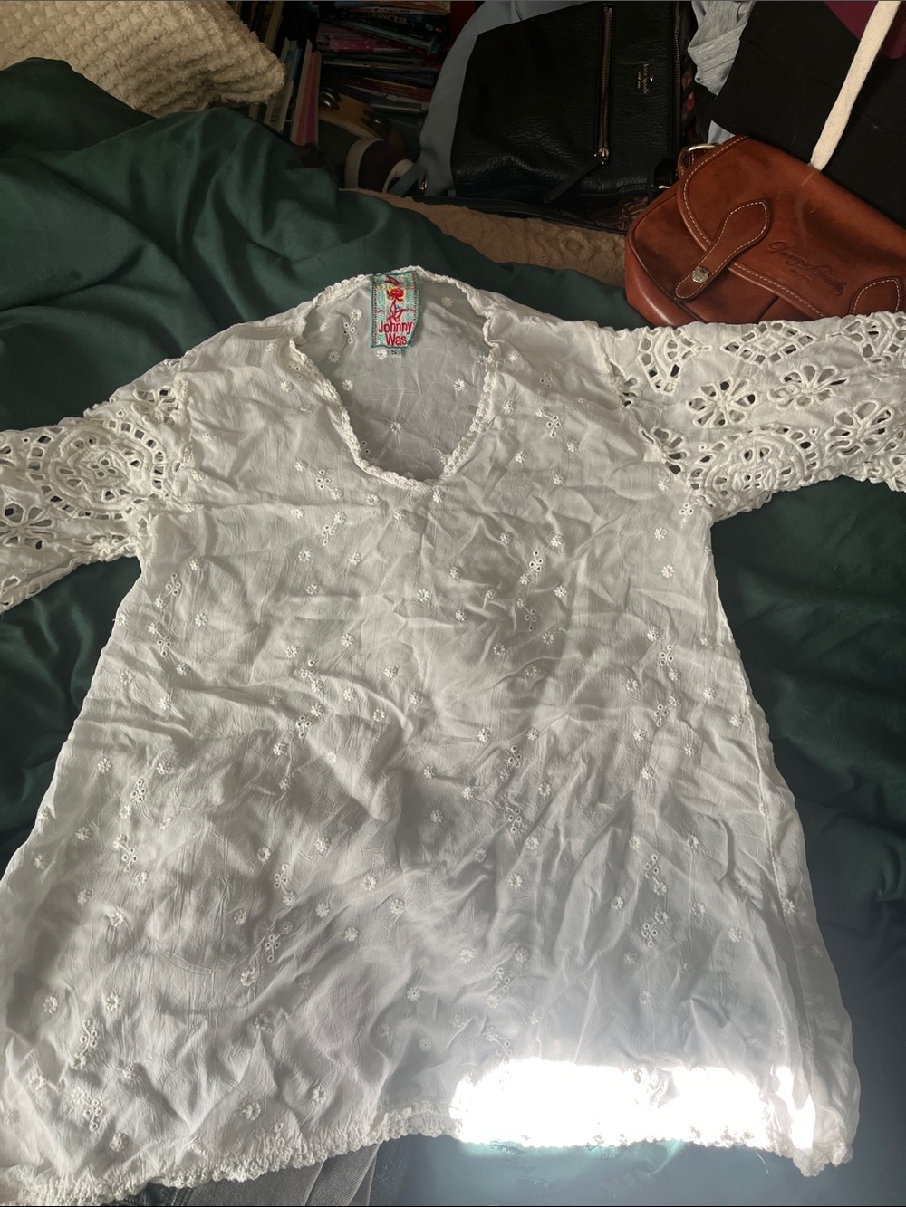 Johnny Was White Eyelet Lace Sleeve Tunic Top